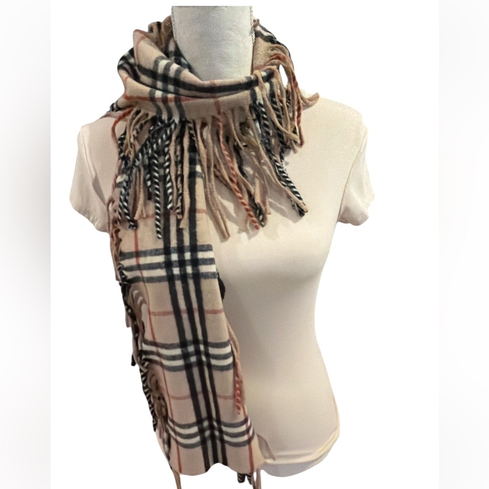 Burberry Cashmere Nova Check Scarf Classic Beige Plaid Fringe Authentic